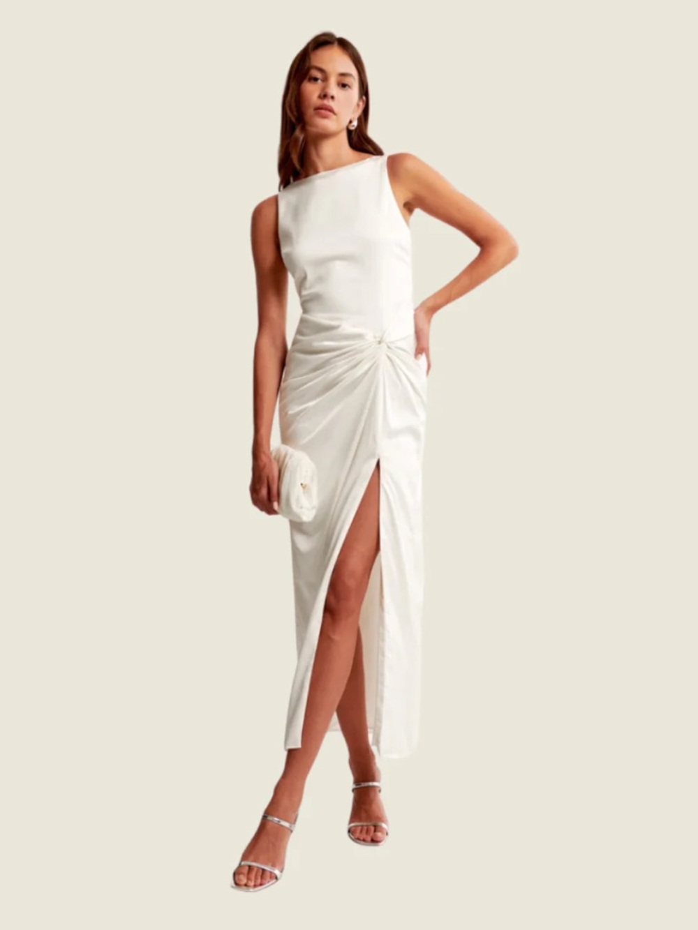 Abercrombie & Fitch High Neck Draped Twist Skirt White Satin Maxi Dress